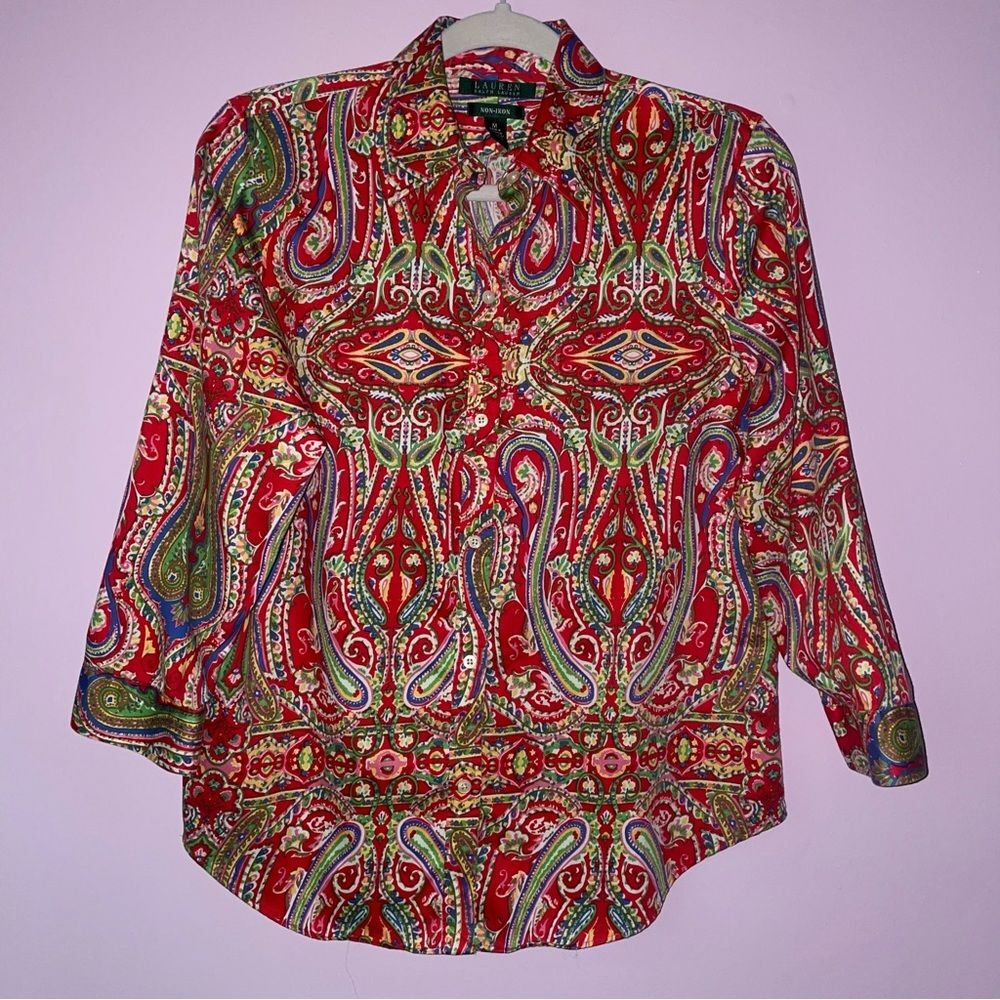 Ralph Lauren M Blouse Non-Iron Red Boho Paisley 3/4 Sleeve